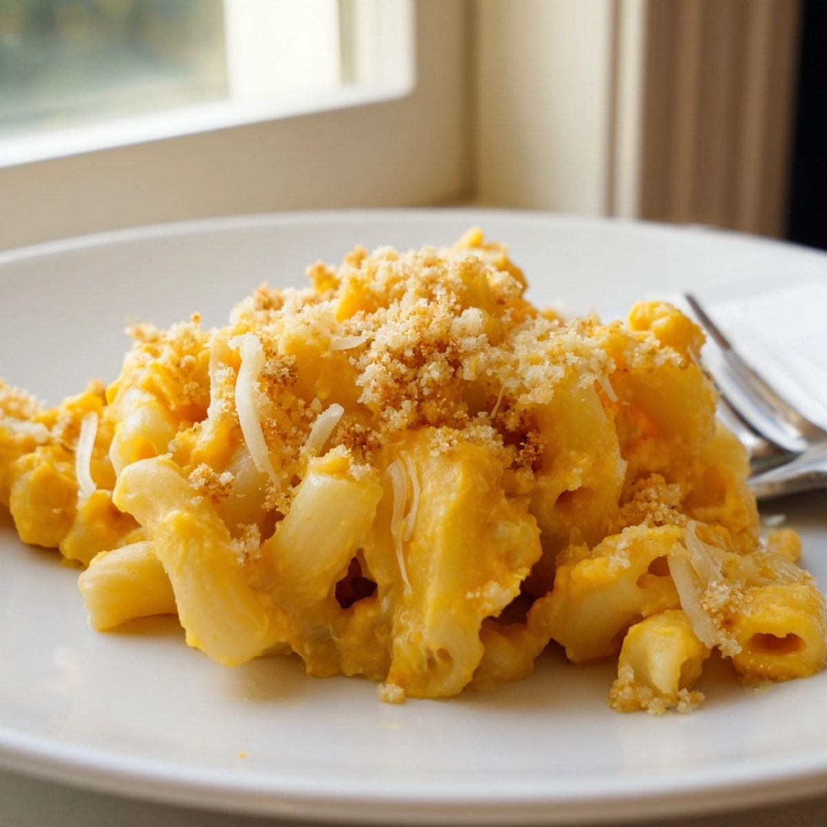 Creamy Butternut Squash Mac and Cheese ready to serve, a comforting autumn dinner.