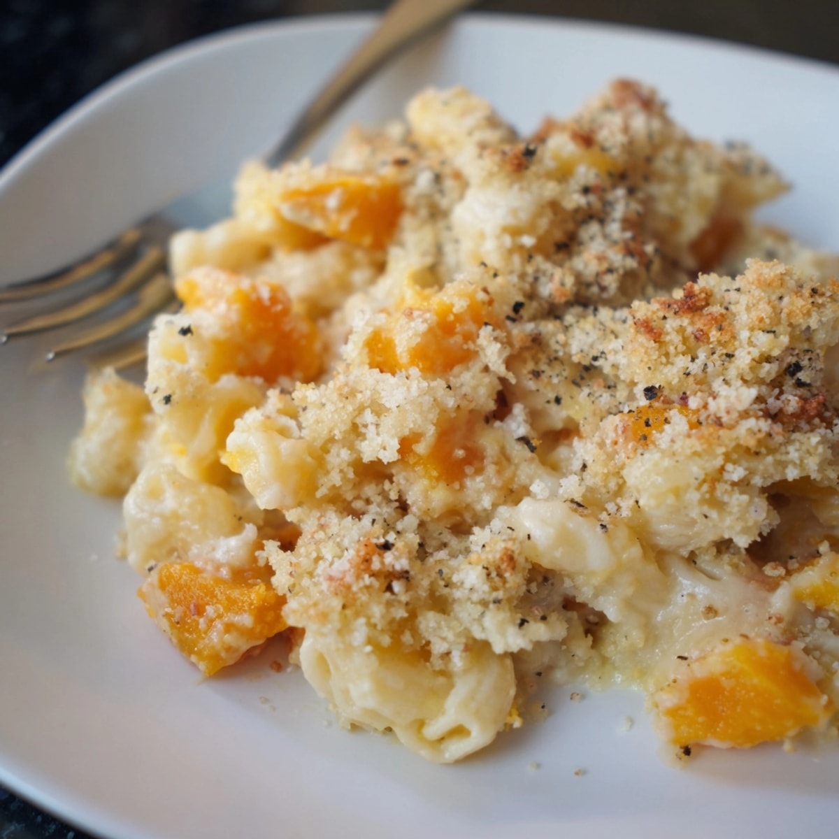 Golden baked Butternut Squash Mac and Cheese bubbling hot, topped with crispy breadcrumbs.