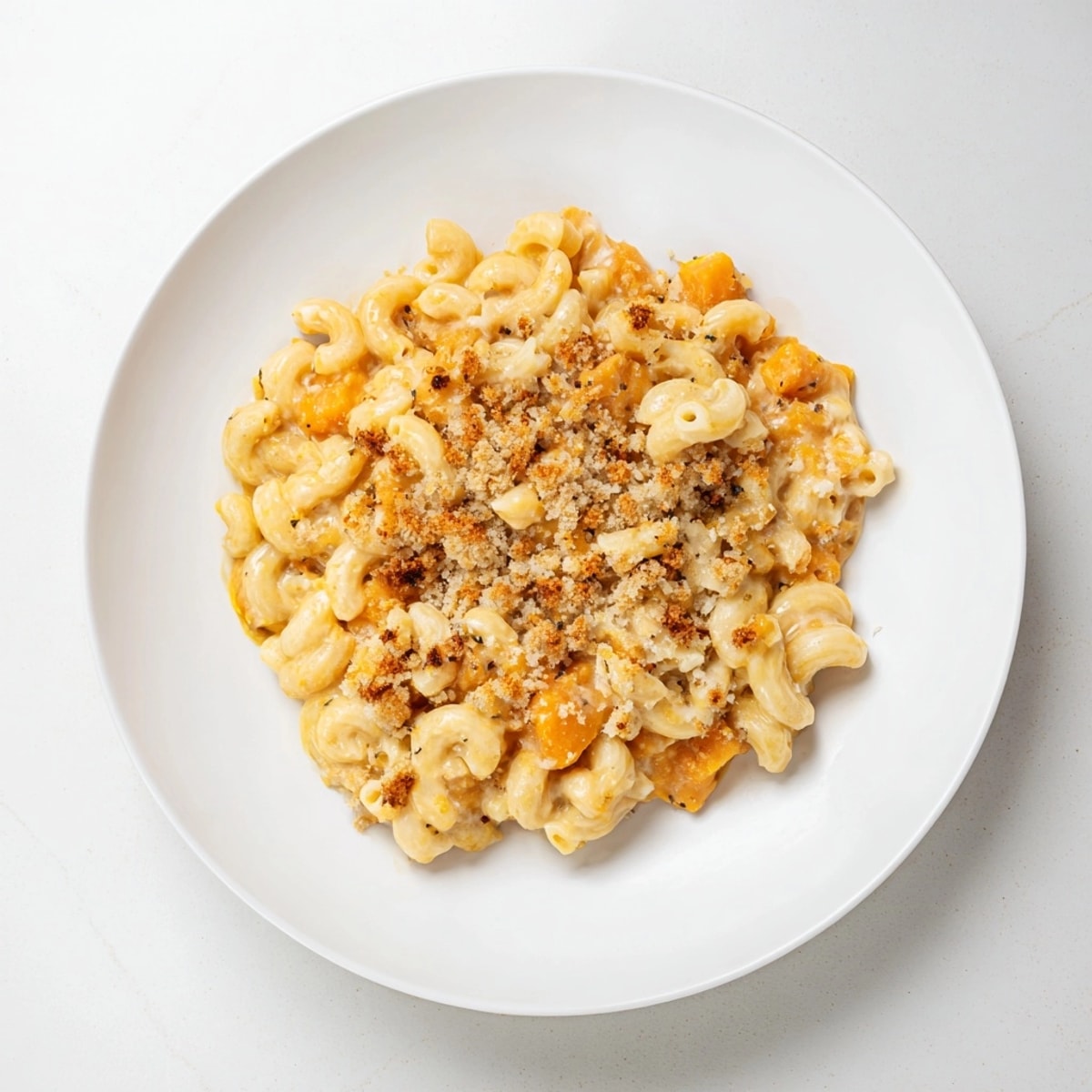 Close-up of cheesy Butternut Squash Mac and Cheese, showcasing creamy texture and squash pieces.