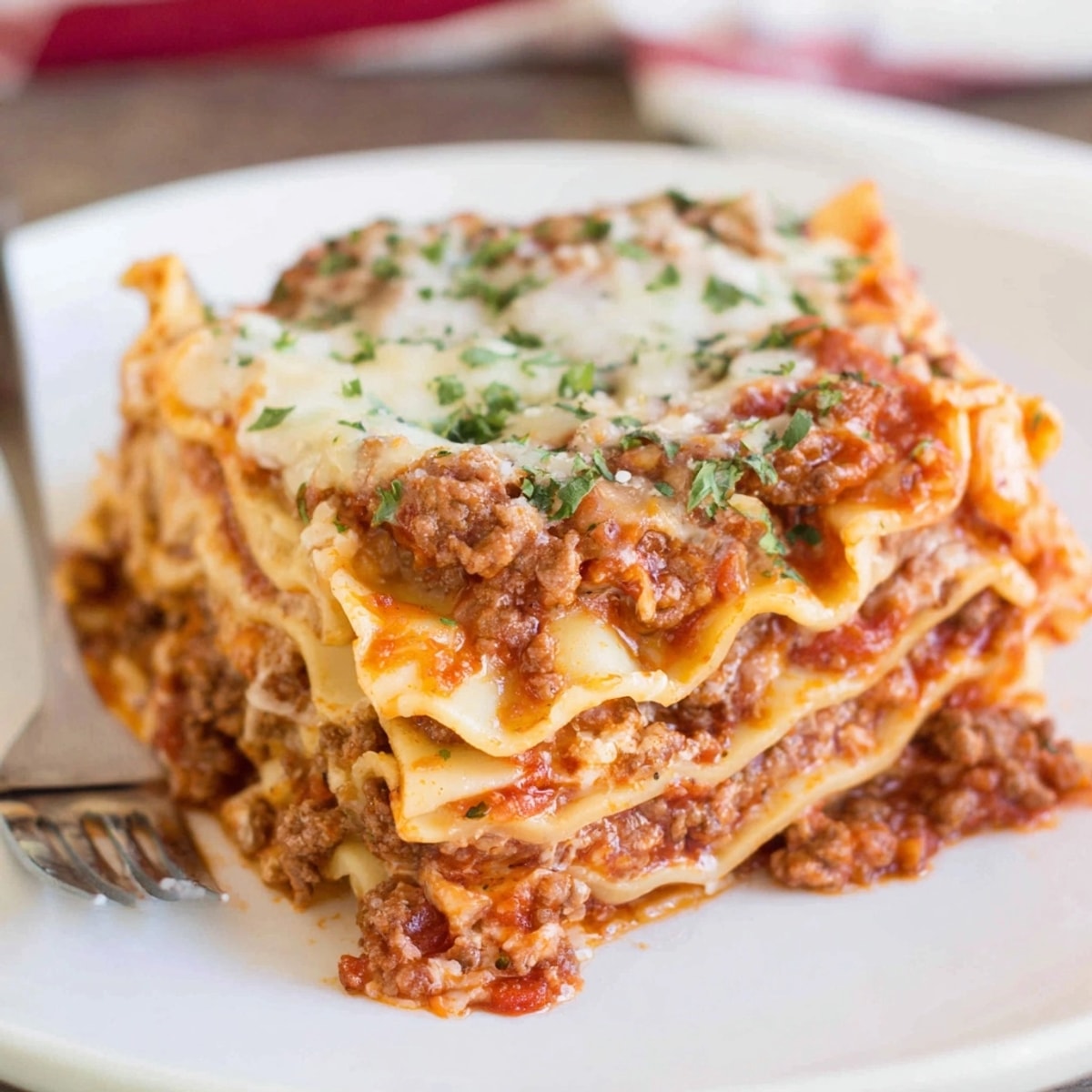 Close-up of cheesy, bubbly Slow Cooker Lasagna, steaming and ready to be served.