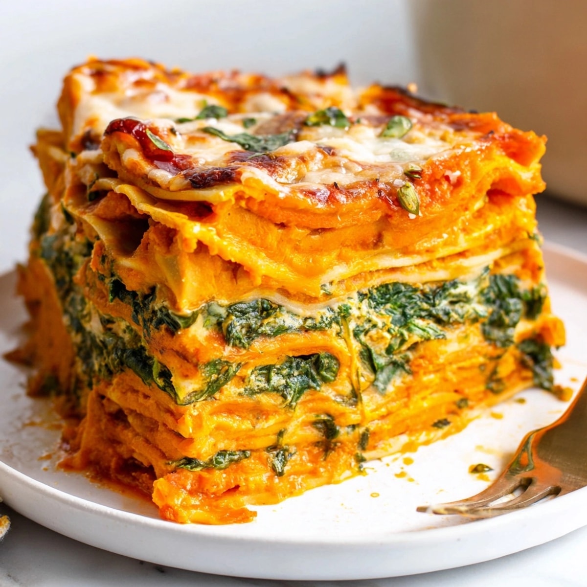 Close-up of sliced Pumpkin Lasagna Bake revealing cheesy, layered filling; serve warm with crusty bread.