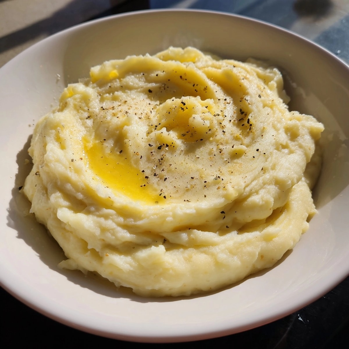 Creamy Make-Ahead Mashed Potatoes shine in a baking dish, dotted with melted butter.