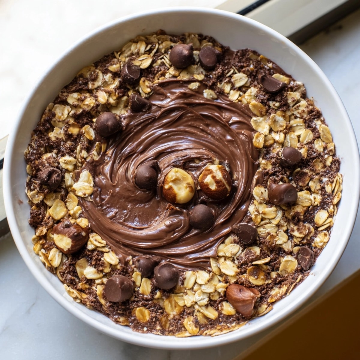 Golden brown Nutella Baked Oats, warm from the oven, ready for a cozy breakfast.