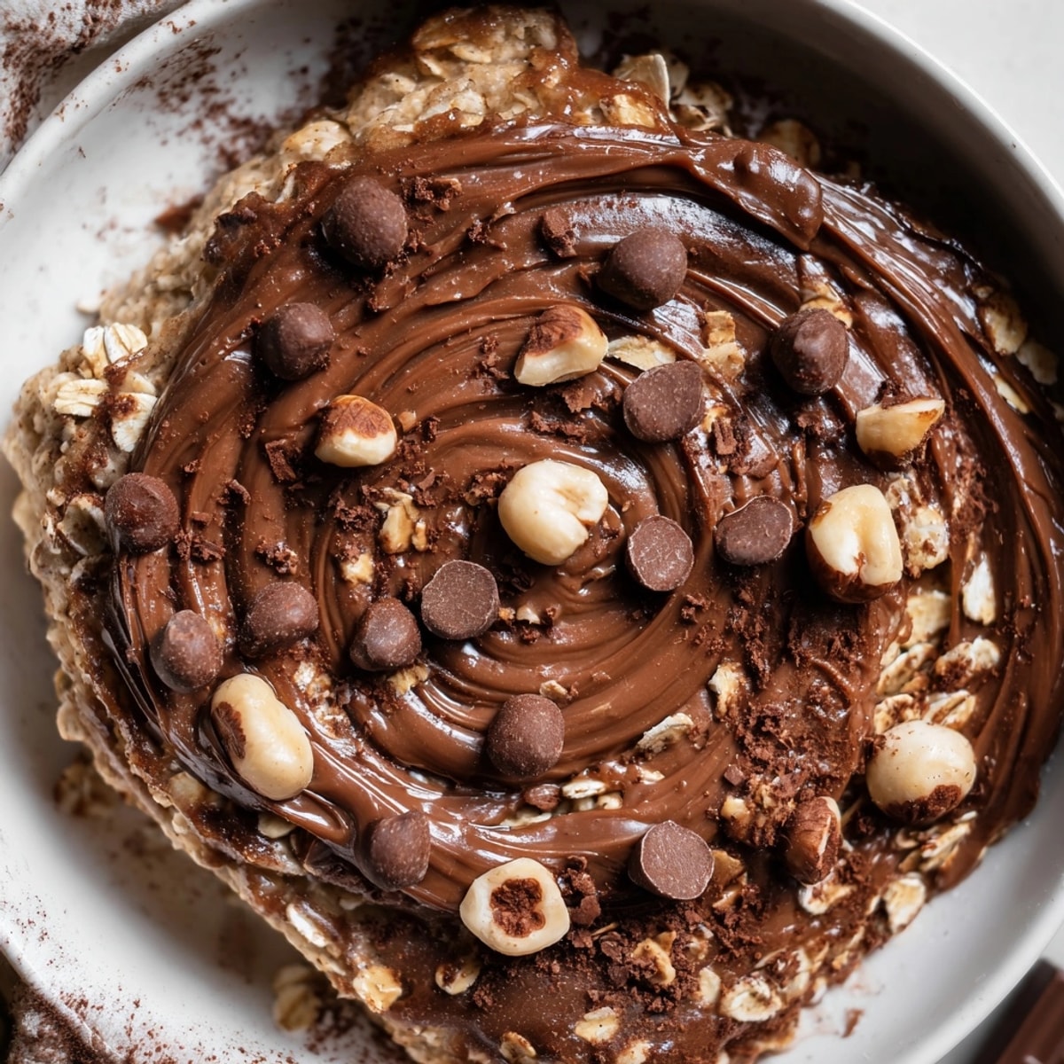 Close-up of Nutella Baked Oats with melting chocolate chips and chopped hazelnuts on top.