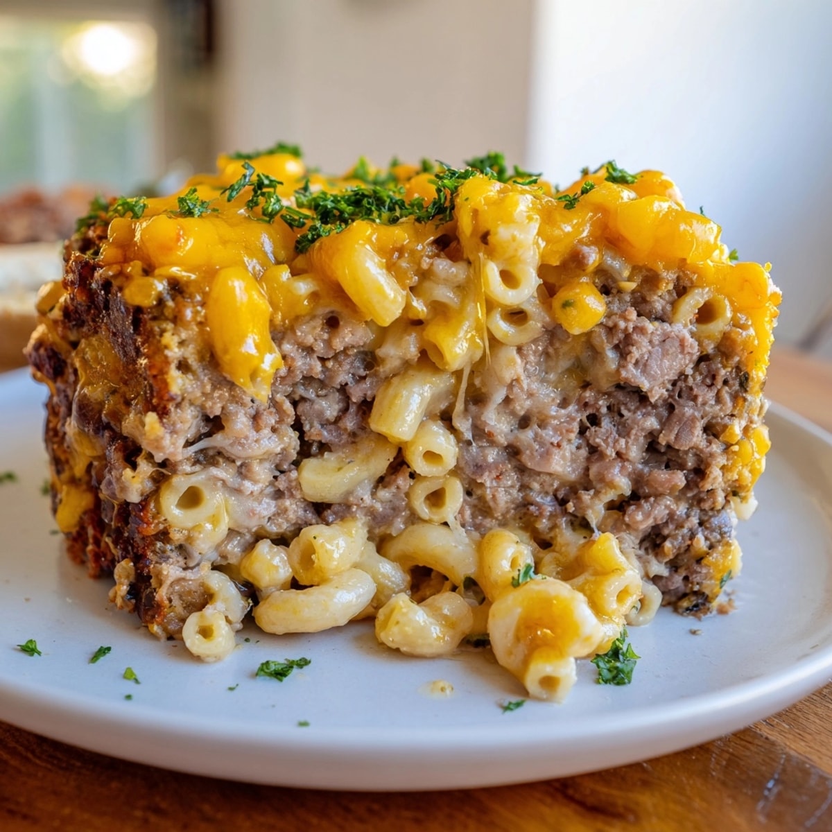 Golden-brown Mac and Cheese Meatloaf: a comforting, cheesy family dinner served warm.