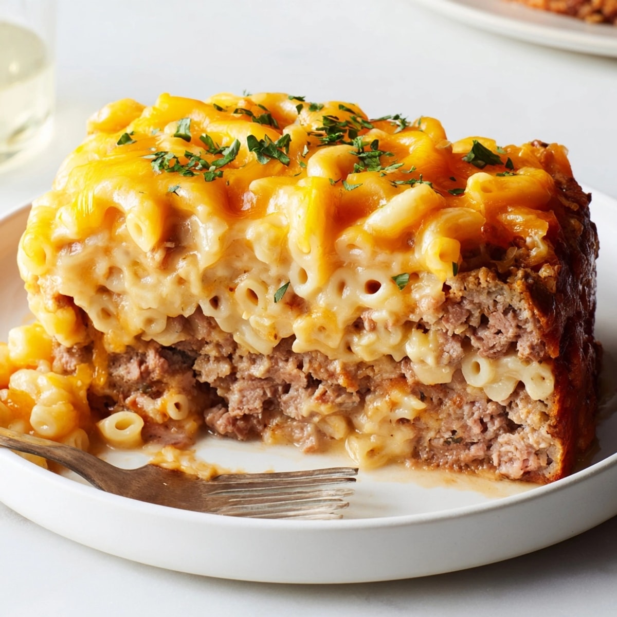 Close-up of freshly baked Mac and Cheese Meatloaf showing creamy center, perfect comfort food.