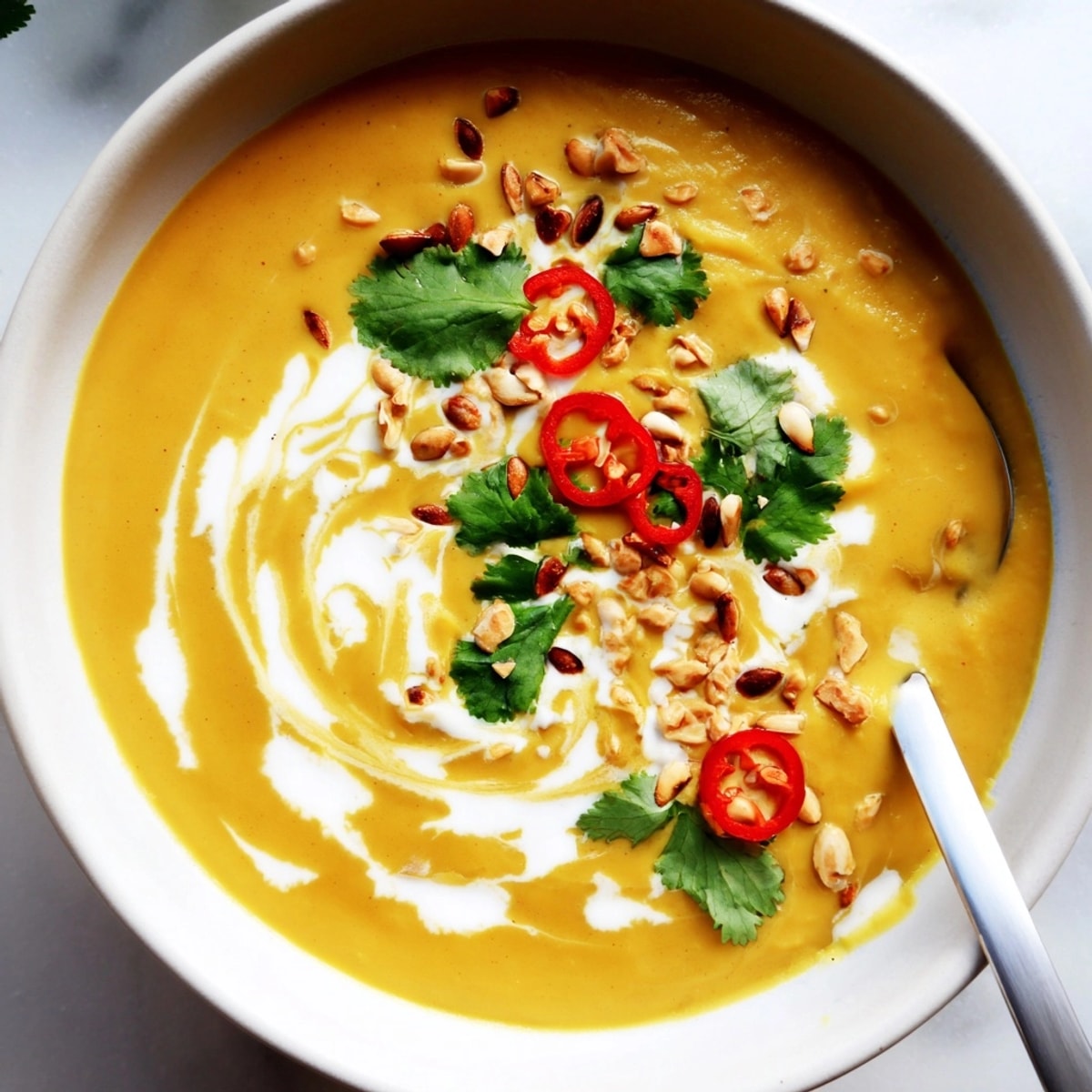 Creamy Thai Butternut Squash Soup, a vibrant orange swirl, garnished elegantly with cilantro.