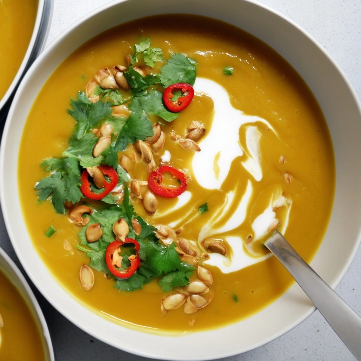 Close-up of smooth Thai Butternut Squash Soup, steam rising, ready for a cozy dinner.