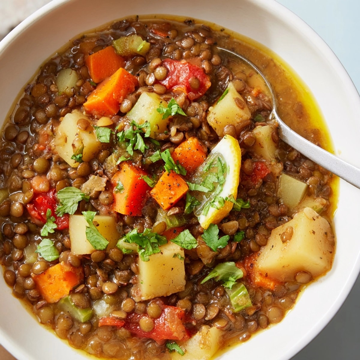 Lebanese Lentil Soup: A steaming bowl with bright herbs and lemon, ready to eat.
