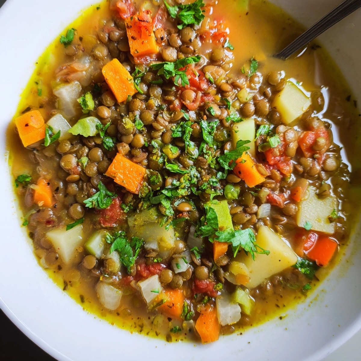 Homemade Lebanese Lentil Soup, garnished with fresh cilantro; a hearty, comforting vegan meal.
