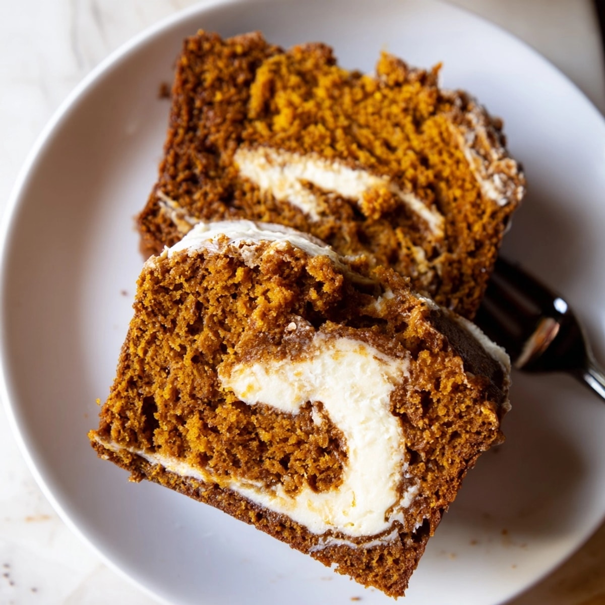 Warm slice of Pumpkin Cream Cheese Bread reveals a marbled swirl of flavors.
