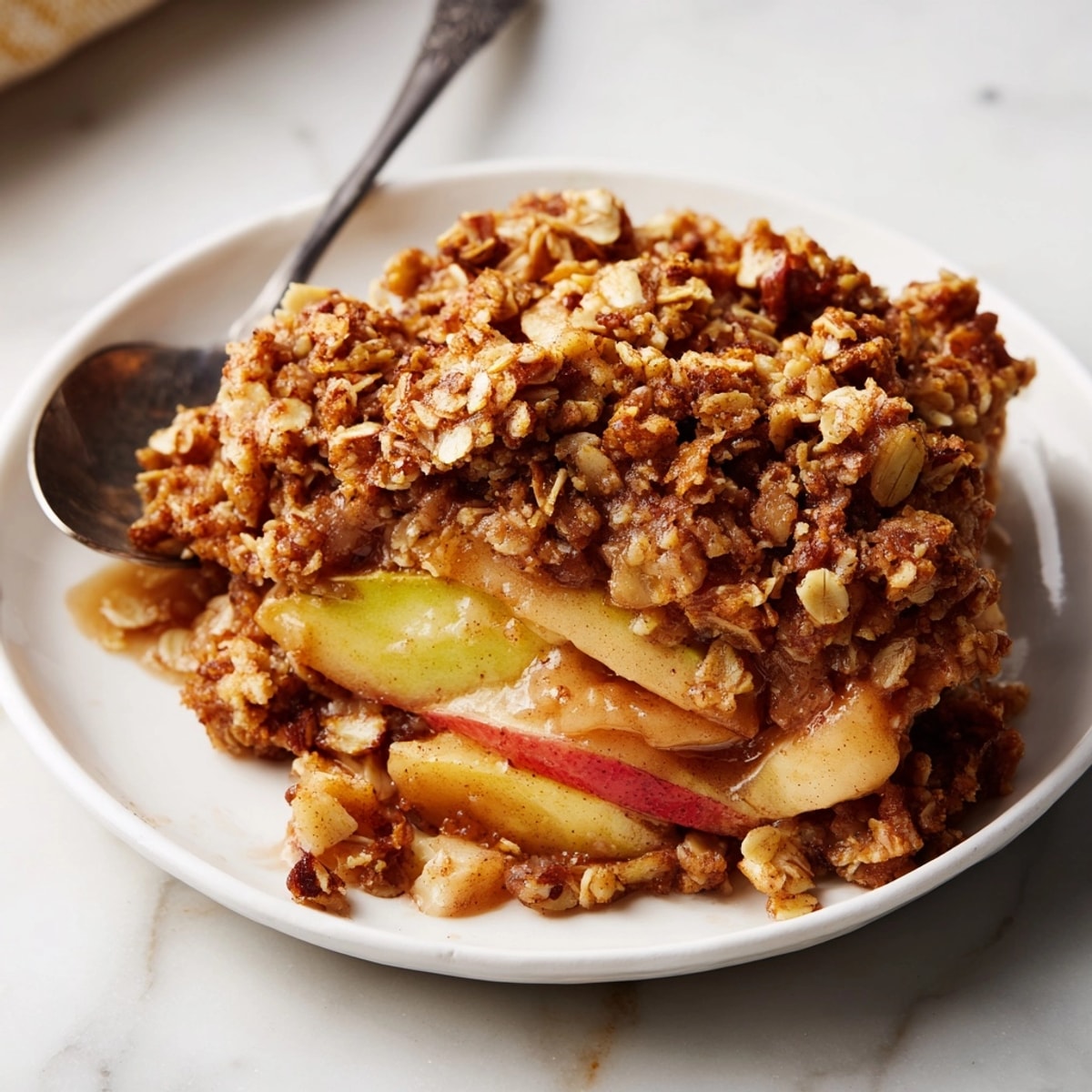 Golden Apple Pecan Crisp bubbling in a dish, warm autumn dessert ready to serve.