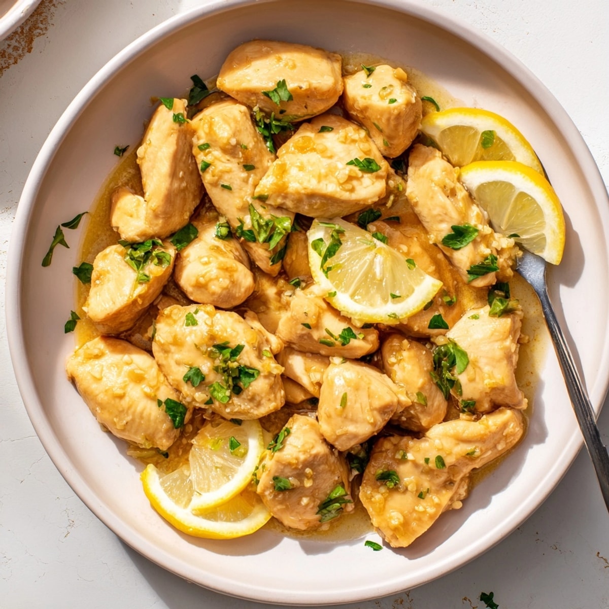 Golden, pan-fried Lemon Chicken glistening with a tangy sauce, garnished with fresh parsley.