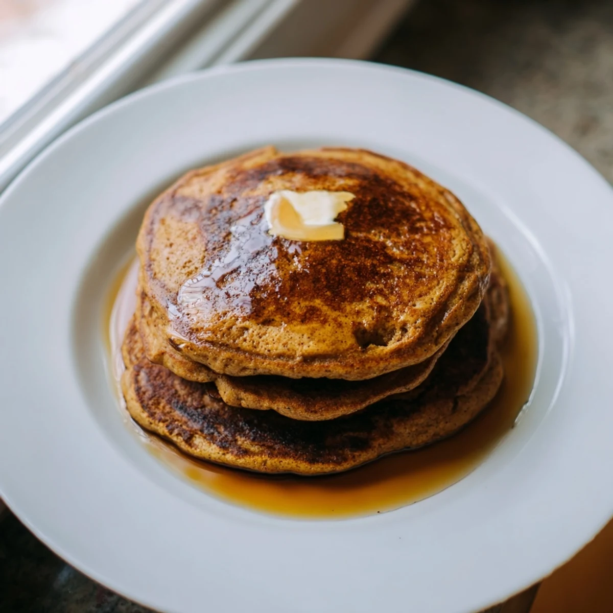 Stack of homemade Spiced Gingerbread Pancakes, lightly browned, ready to be topped with maple syrup and whipped cream.