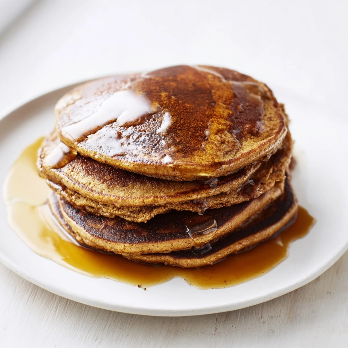 Close-up of freshly cooked Spiced Gingerbread Pancakes, showing a light and airy texture, ideal for a festive breakfast.