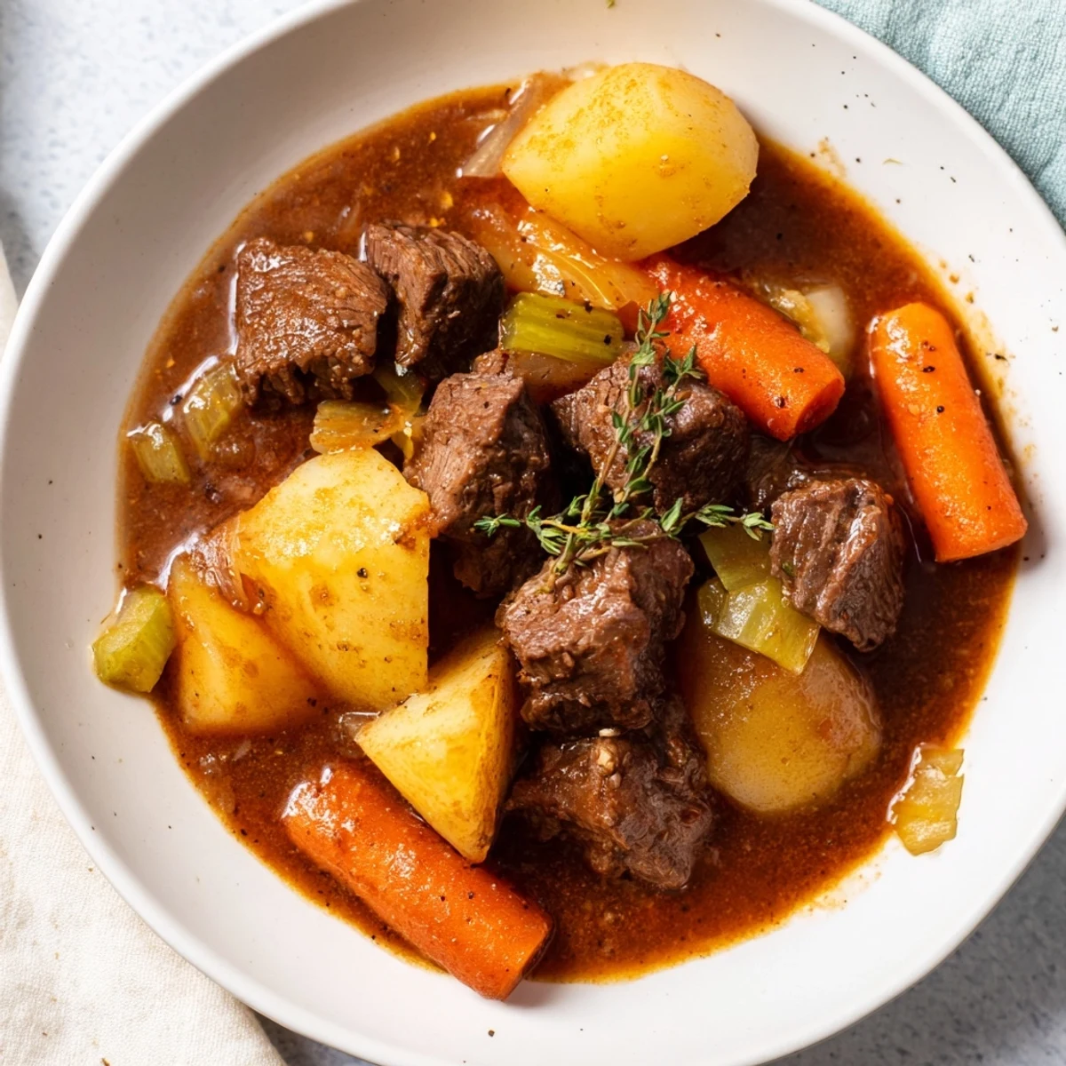 A steaming bowl of Slow Cooked Beef and Potato Stew, a hearty family meal with flavorful broth.