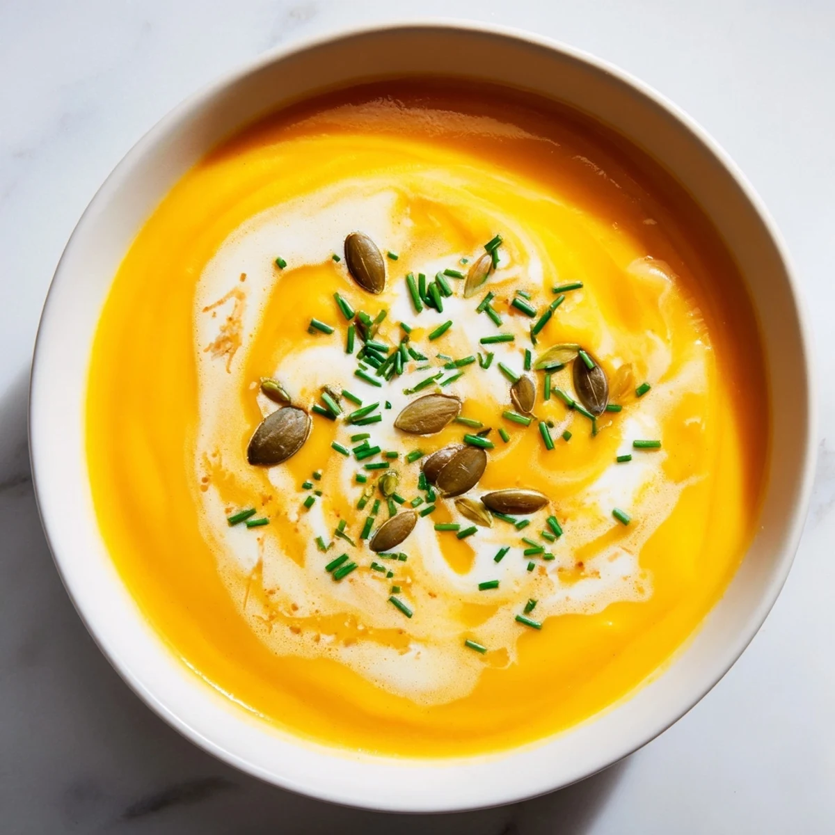Creamy roasted butternut squash soup, garnished with fresh herbs, ready for a warm winter meal.