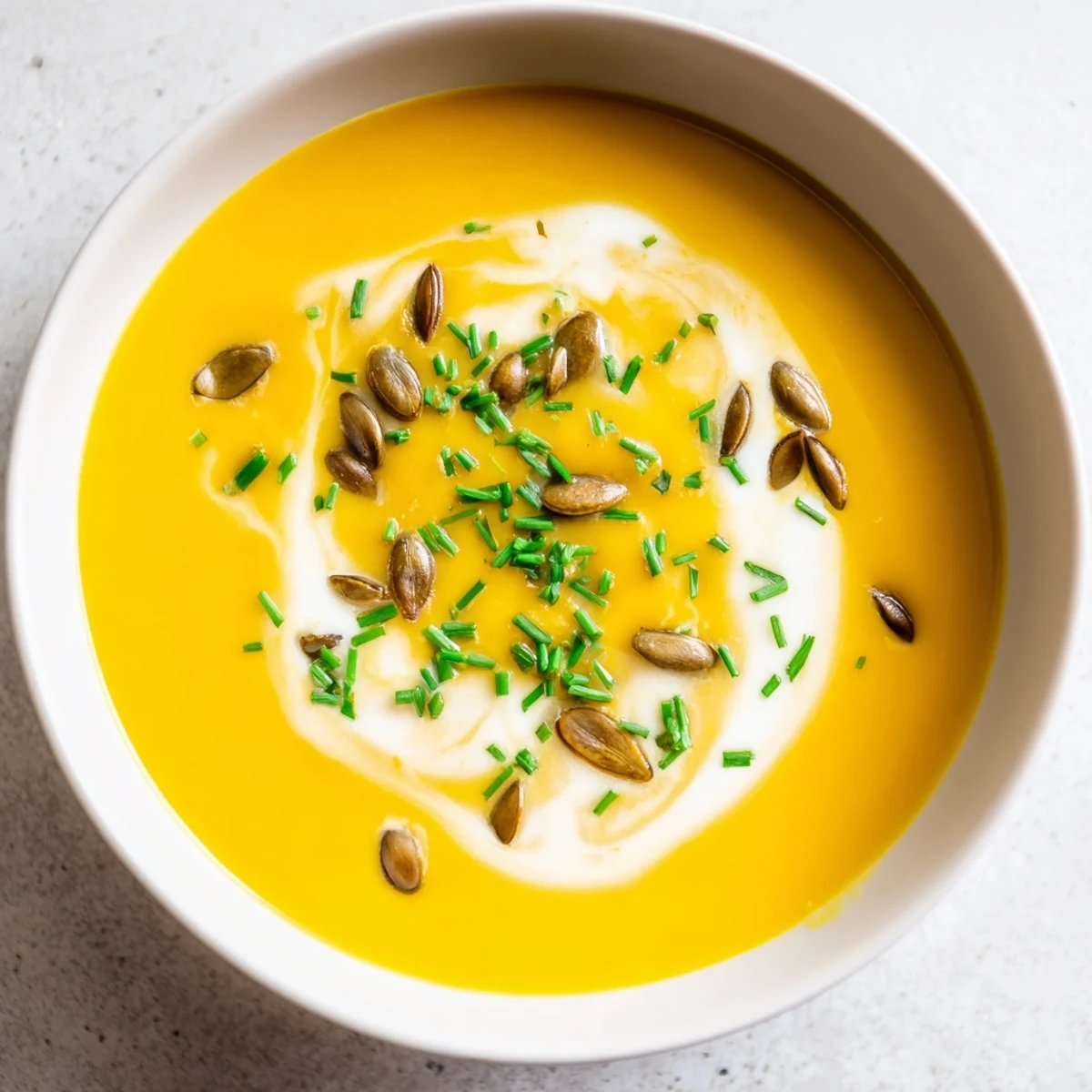 A close-up of a bowl of creamy roasted butternut squash soup, perfectly smooth and flavorful.