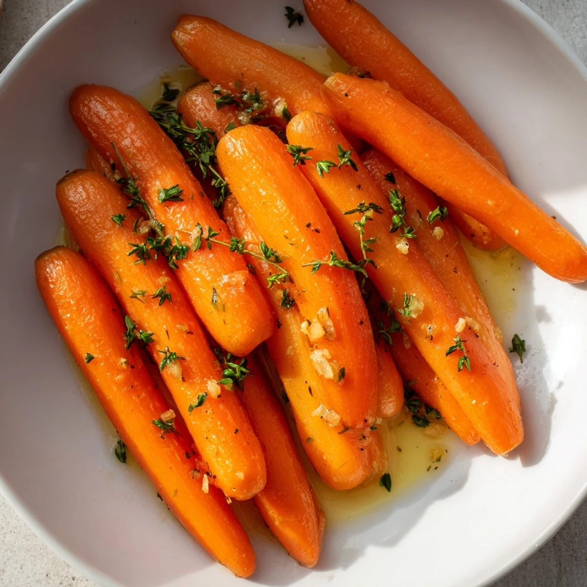 Golden-brown garlic butter roasted carrots, aromatic and delicious, ready for serving alongside your meal.