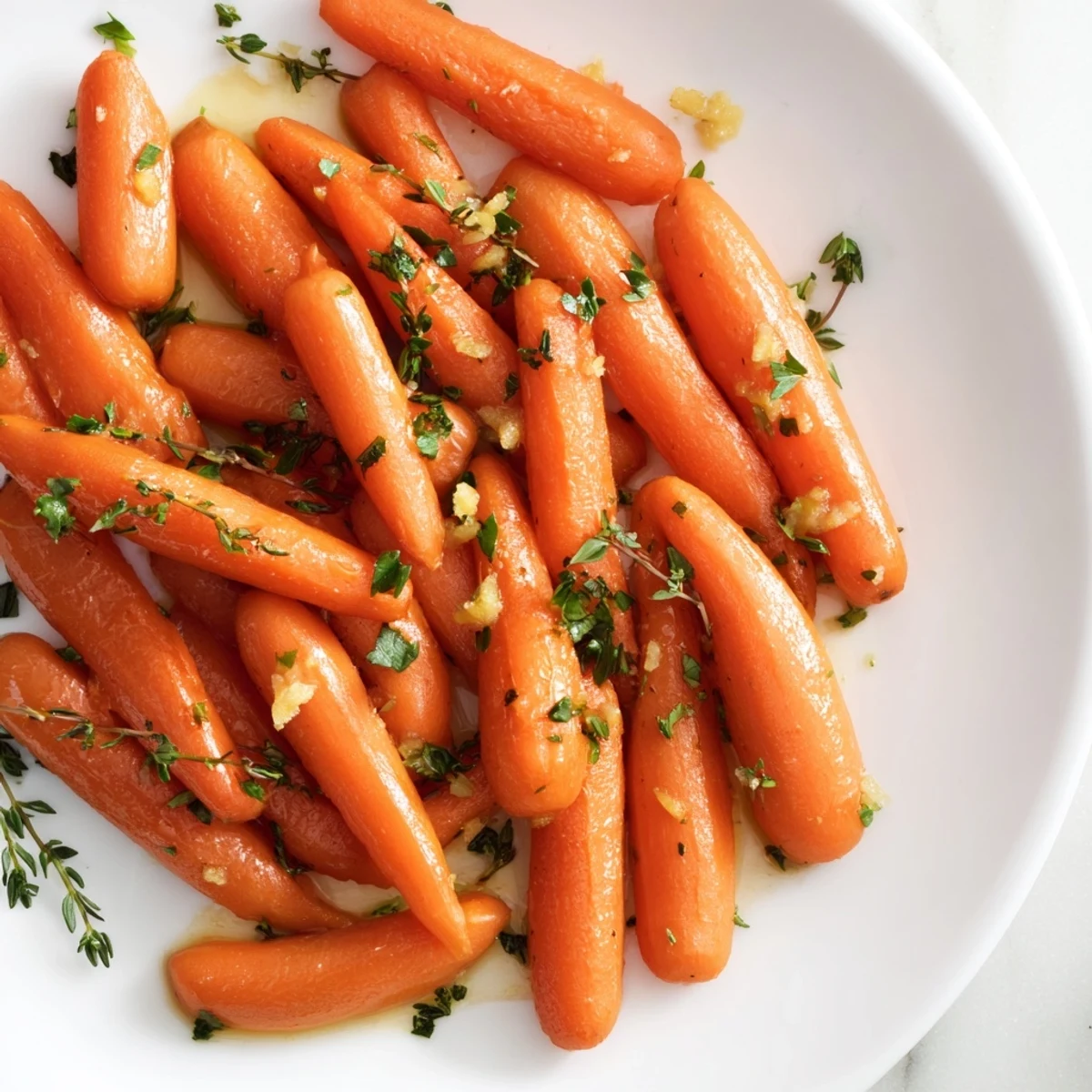 Vibrant image of garlic butter roasted carrots showing off the caramelized edges for a perfect side.