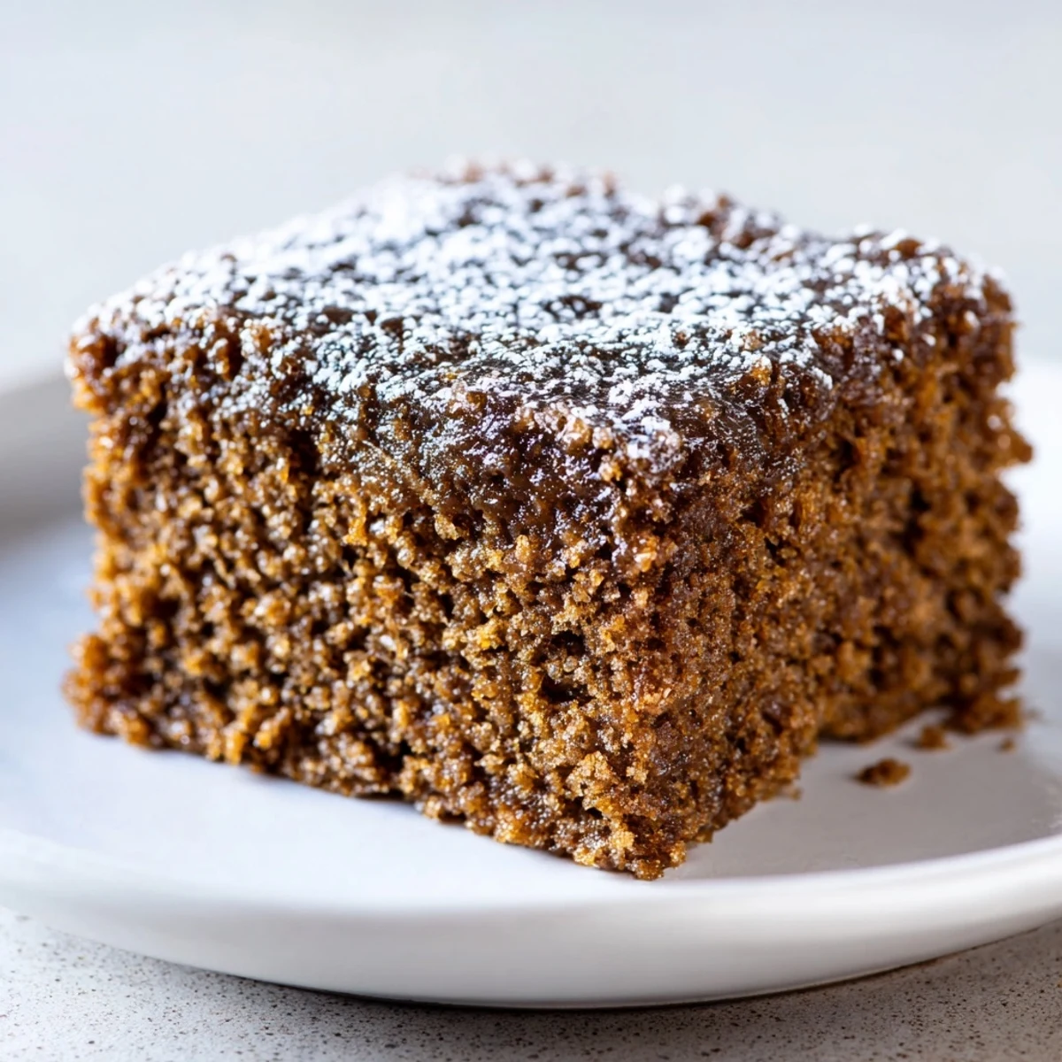 Freshly baked Gingerbread Cake, a golden-brown square, dusted with powdered sugar, ready to enjoy.