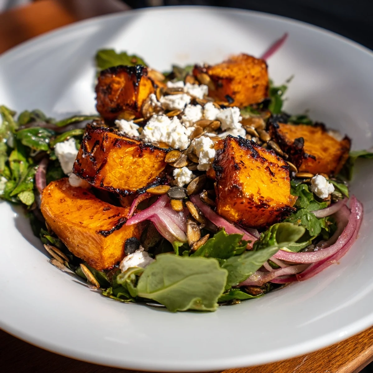 Vibrant Roasted Butternut Squash Salad, featuring sweet squash, feta crumbles, and a light balsamic vinaigrette.