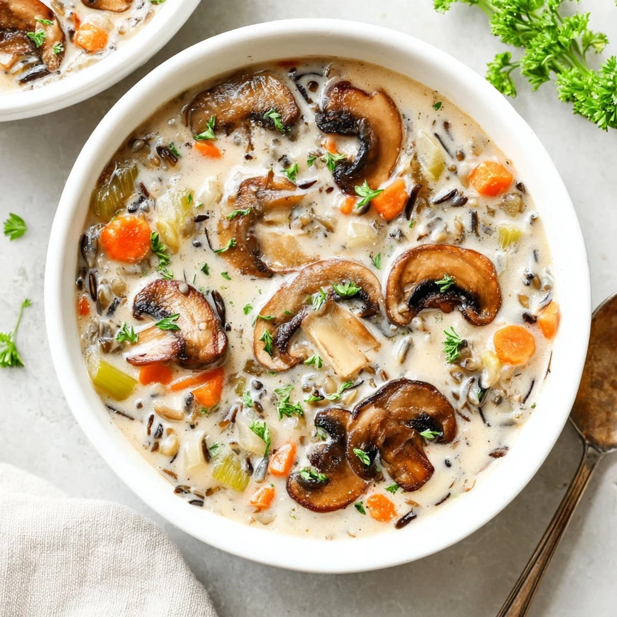 Creamy Mushroom and Wild Rice Soup, garnished with vibrant parsley, a satisfying bowlful on a table.