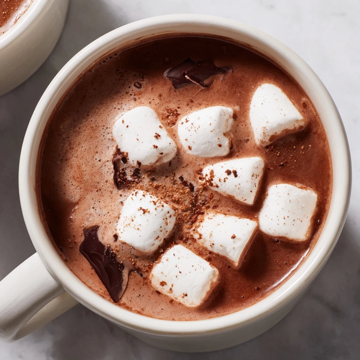 Steaming mug of Spiced Hot Chocolate with melted marshmallows, perfect for a chilly night.