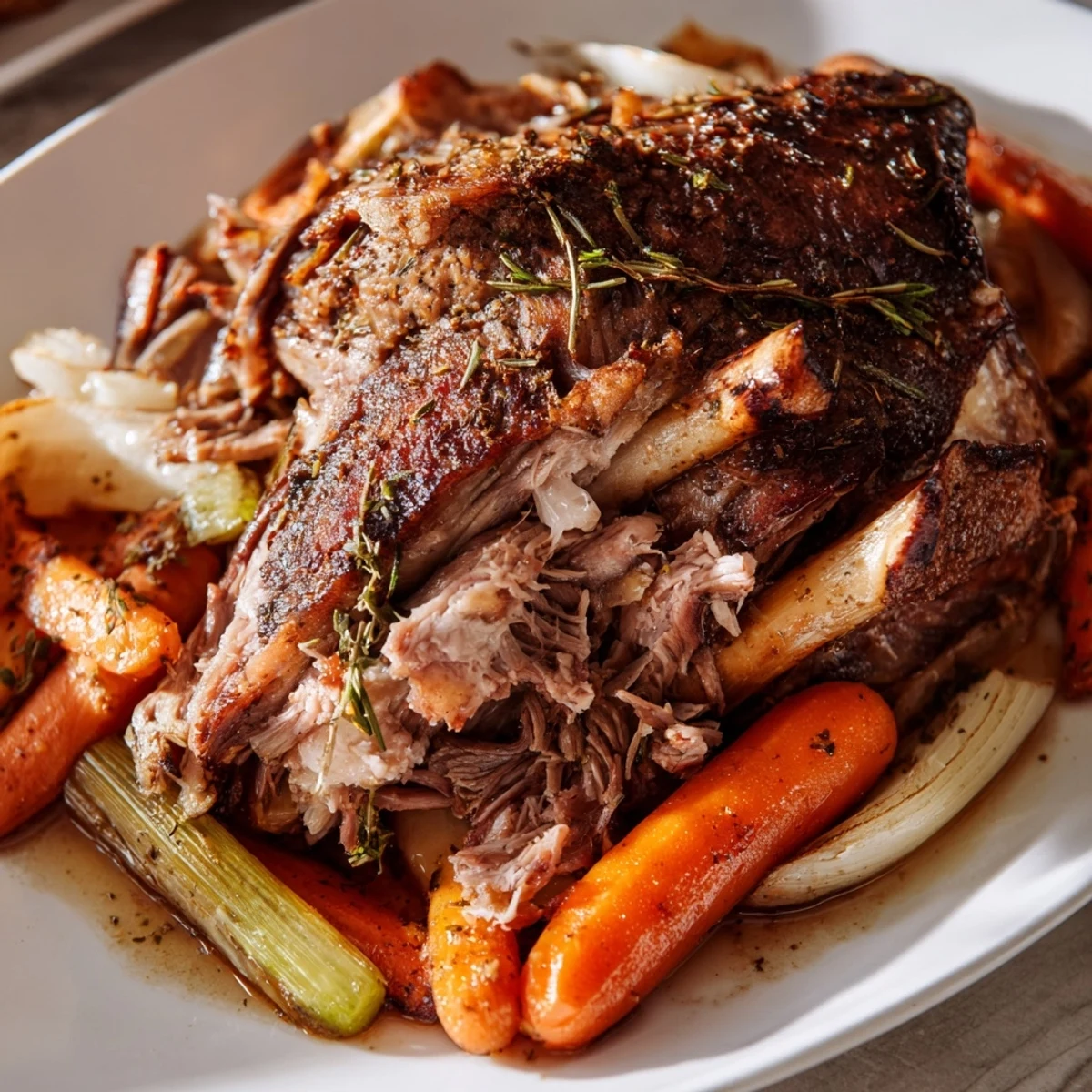 Tender, Slow Roasted Lamb Shoulder glistening with garlic, served with savory roasted vegetables.