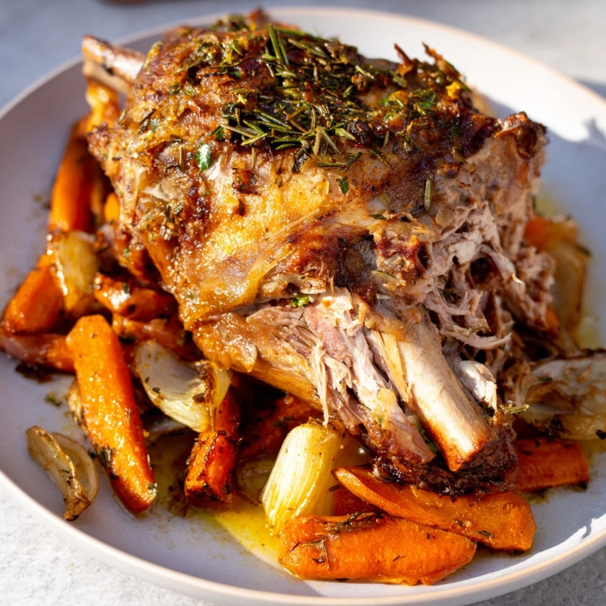 Fork-tender Slow Roasted Lamb Shoulder, a show-stopping main course with vibrant herbs and rich flavor displayed.