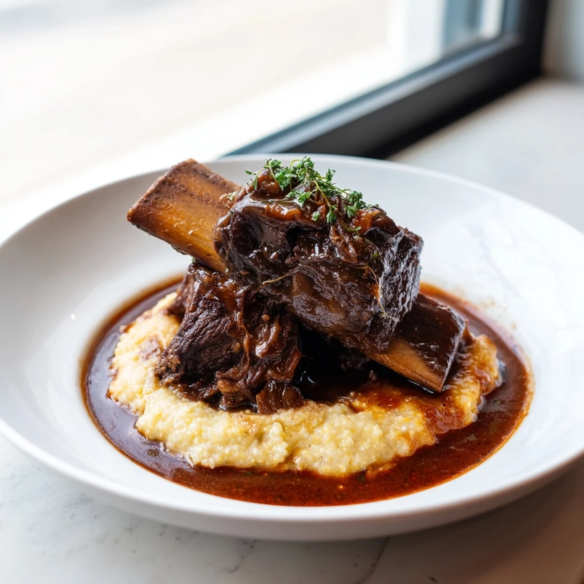 A steaming bowl of Braised Beef Short Ribs with Polenta; the rich sauce coats the tender beef perfectly.