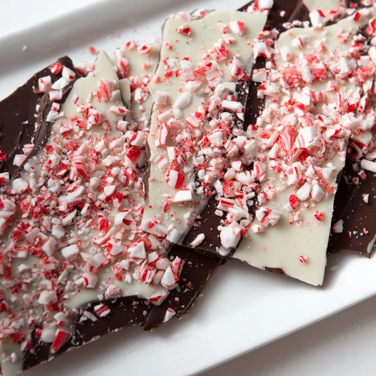 Dark and white layers of Peppermint Bark, sprinkled with crushed candy canes, ready to enjoy.