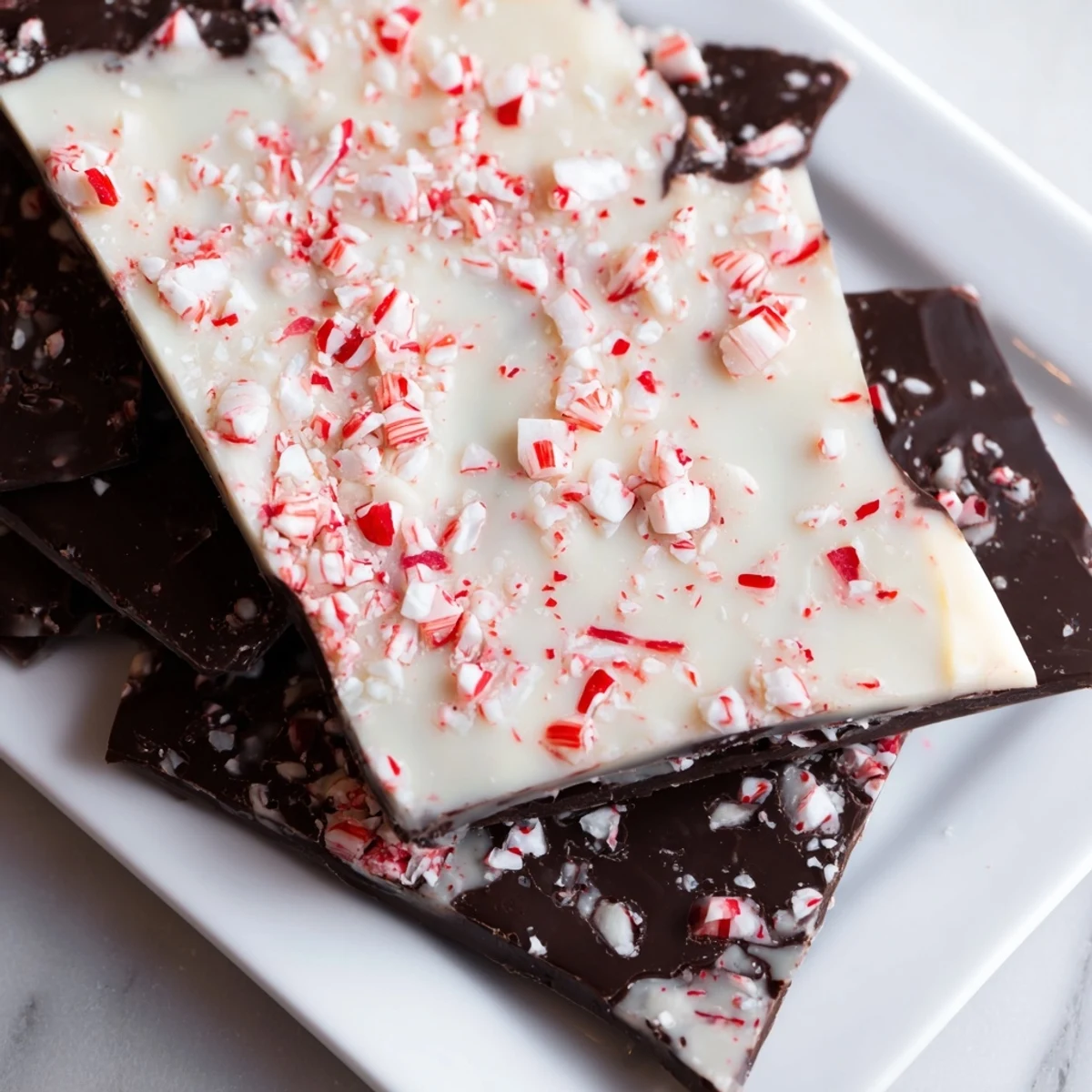 Festive Peppermint Bark, a simple, delicious treat with dark and white chocolate and a peppermint topping.