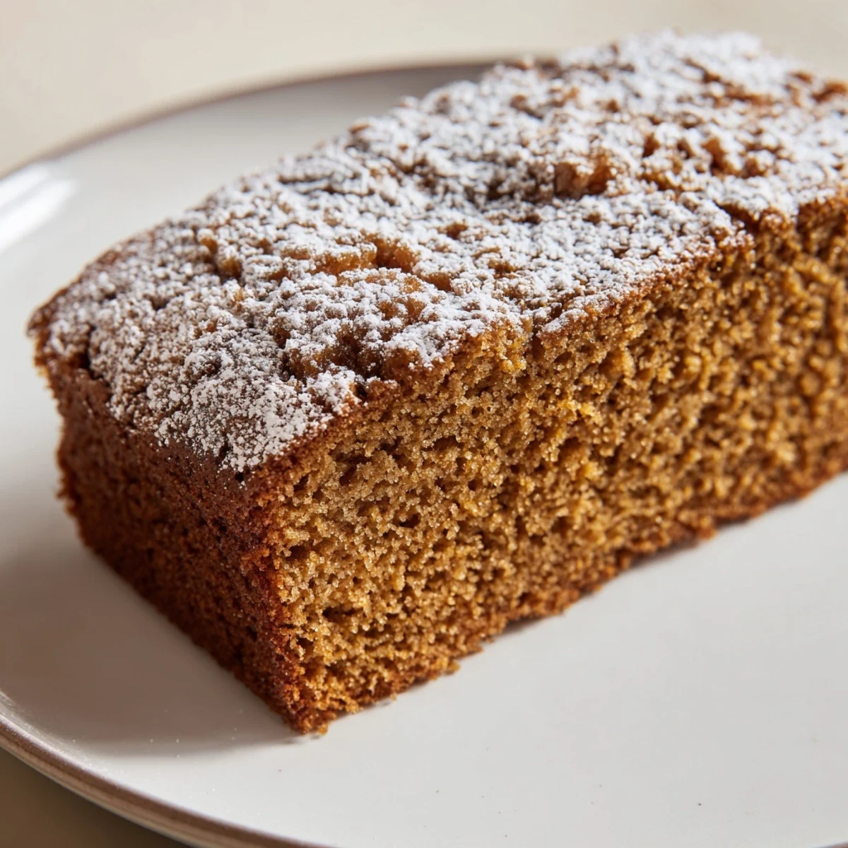 A warm slice of gingerbread loaf boasts a glistening, brown crust and soft crumb.