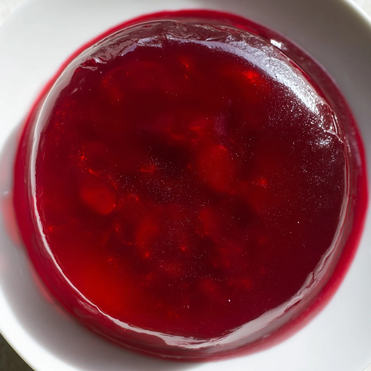 Homemade cranberry jelly, shimmering with a glossy texture, alongside a wooden spoon atop a white plate.