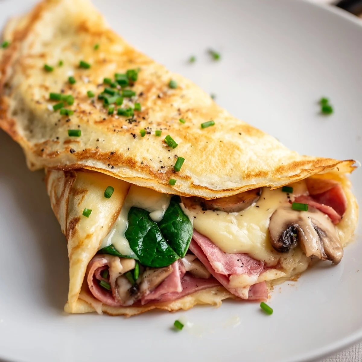 Golden-brown savory crepes, folded and filled with melted cheese and ham, ready to eat.