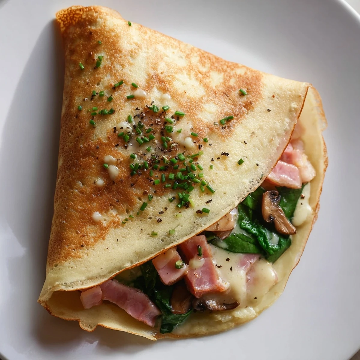 A stack of delicate savory crepes; a delicious French breakfast or brunch dish suggestion.