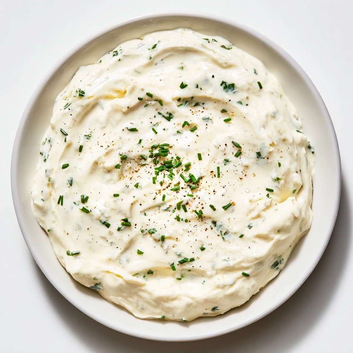 Homemade creamy dip, with flecks of herbs, presented alongside a bowl of crisp chips.