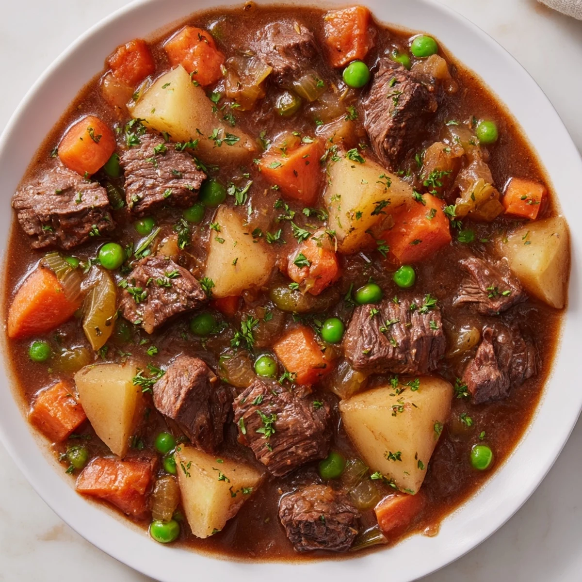 A steaming bowl of beef stew with tender chunks of meat and hearty vegetables, ready to eat.