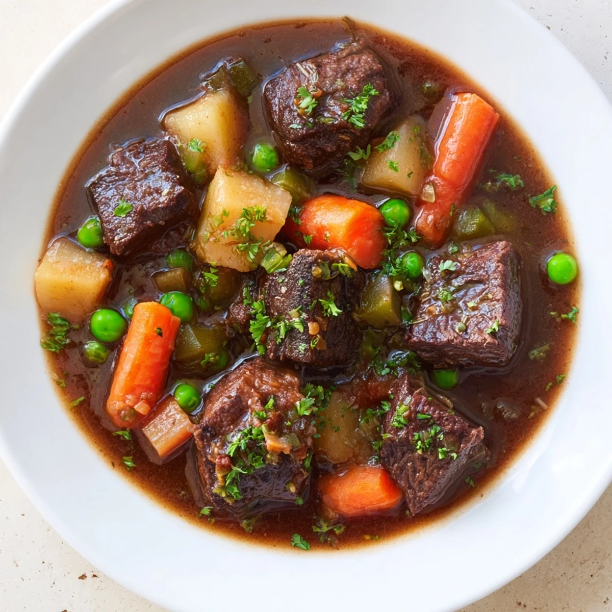 Close-up of a rustic beef stew bubbling in a Dutch oven, perfect for a cozy dinner.