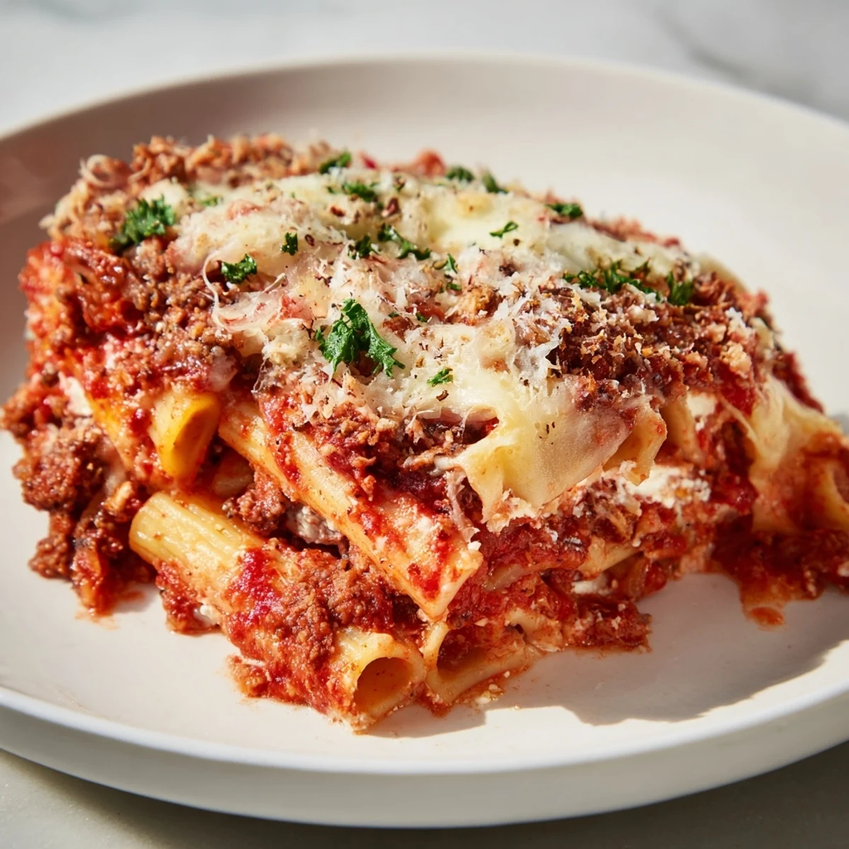 A bubbling baking dish filled with homemade Baked Ziti, golden brown and cheesy.
