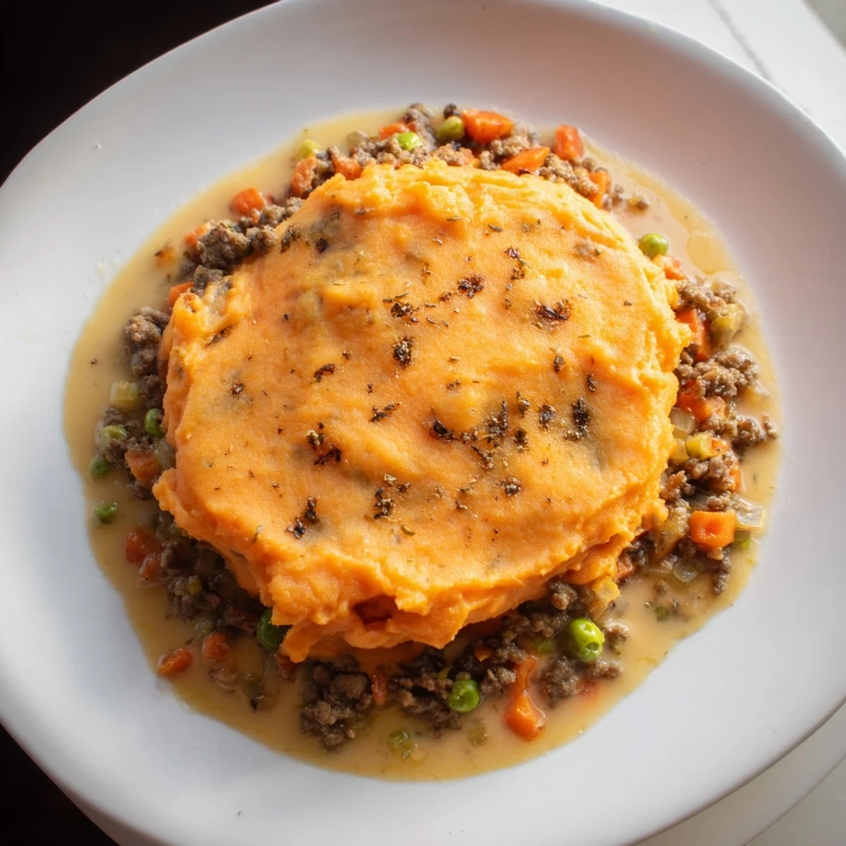 Steam rising from a warm and comforting Lamb Shepherd's Pie served straight from the baking dish.