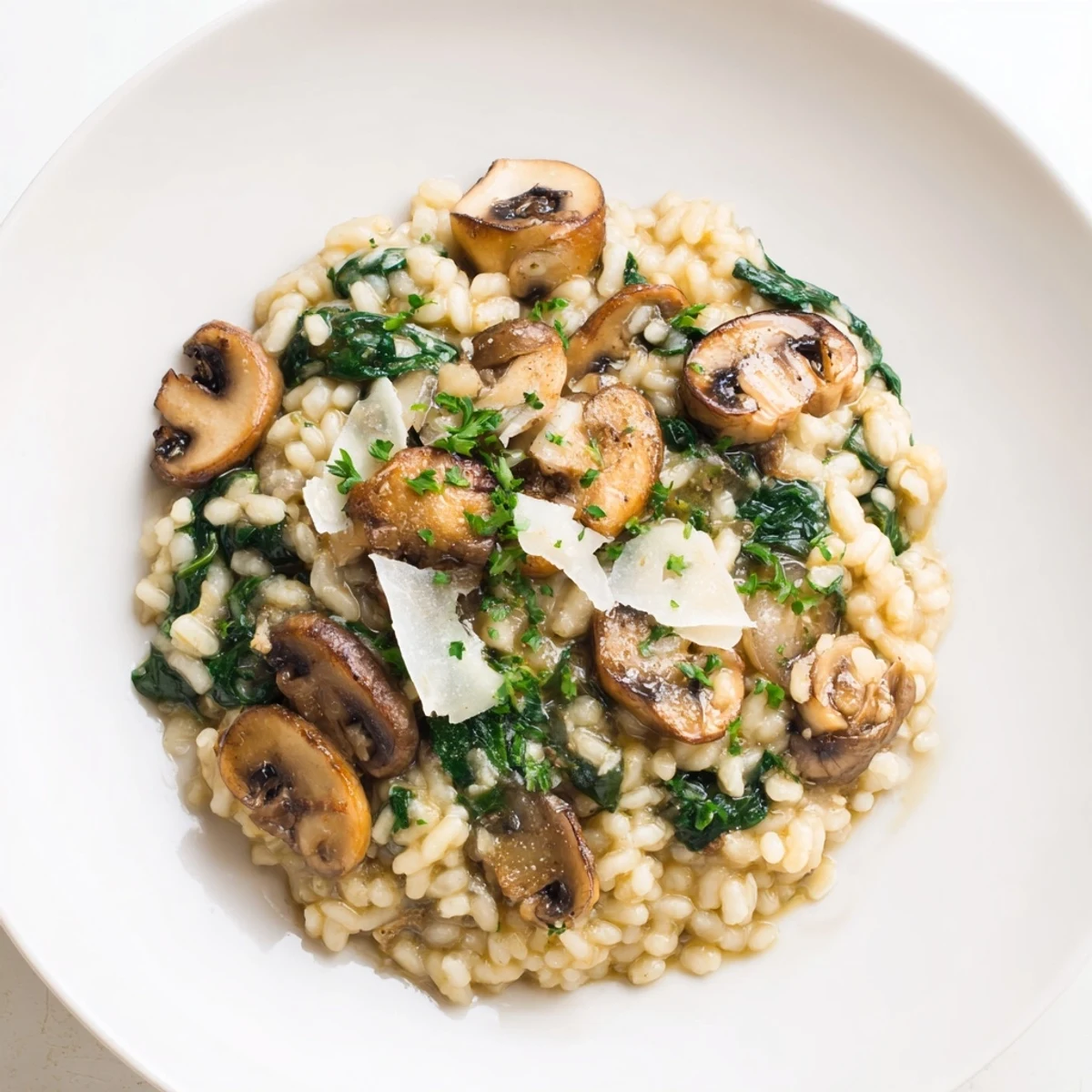 A close-up of creamy mushroom and spinach risotto, garnished with fresh parsley and Parmesan cheese on top.