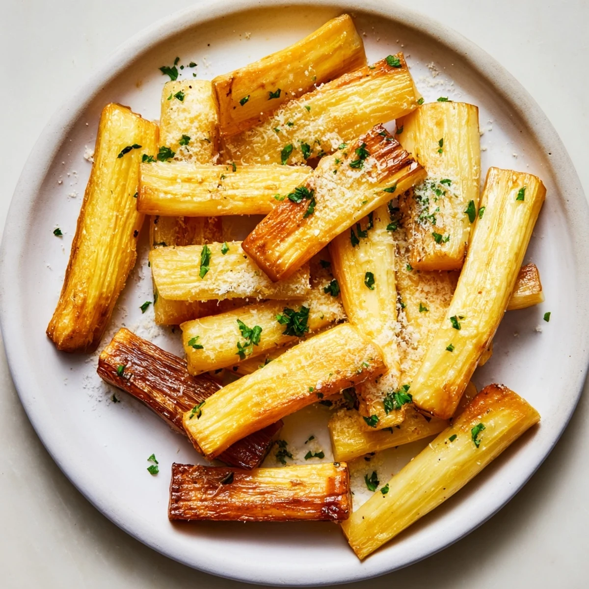Close-up of golden crispy roasted parsnips showcasing the wonderfully crisp edges and tender interior.
