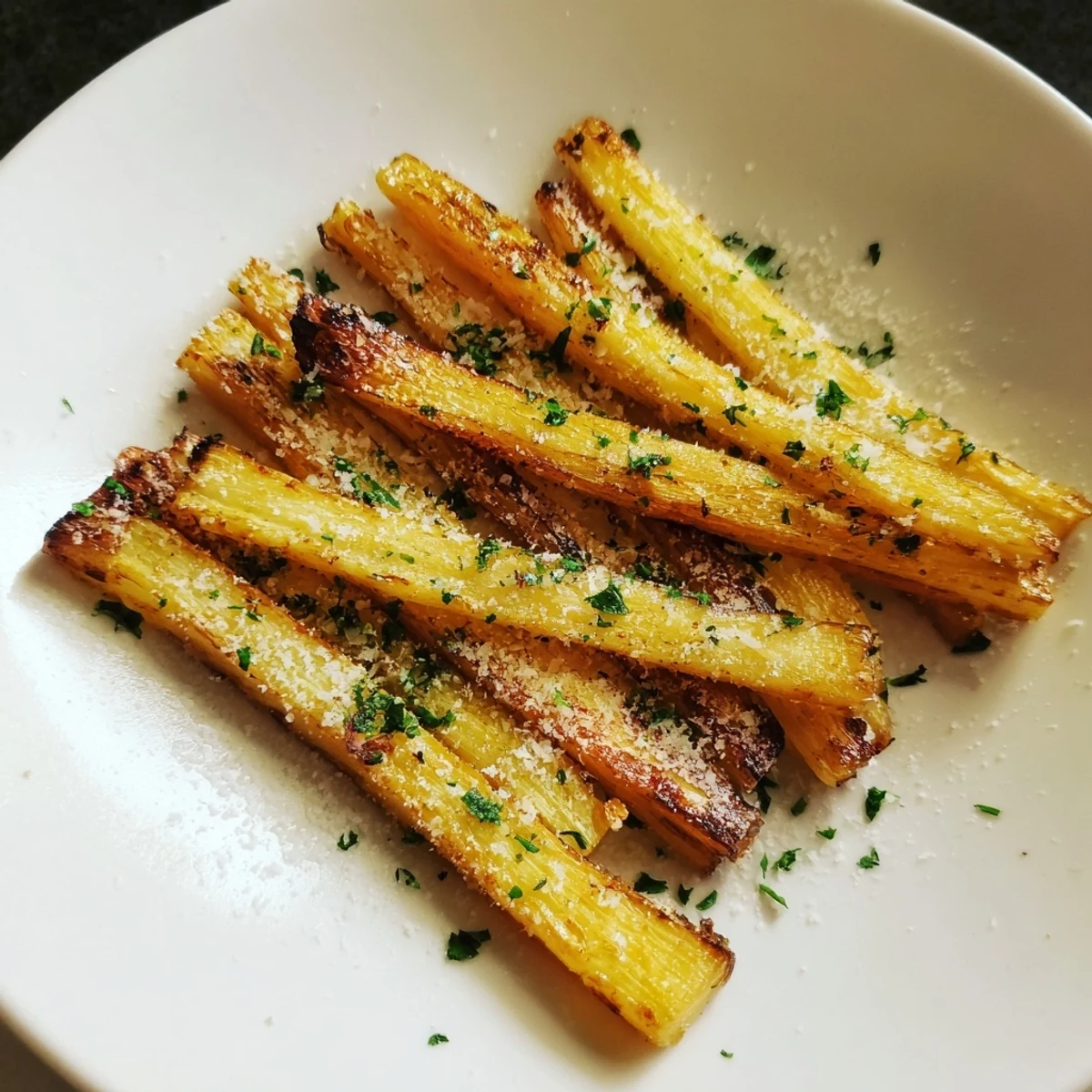 Golden crispy roasted parsnips, glistening with olive oil and herbs, ready for a delicious dinner.