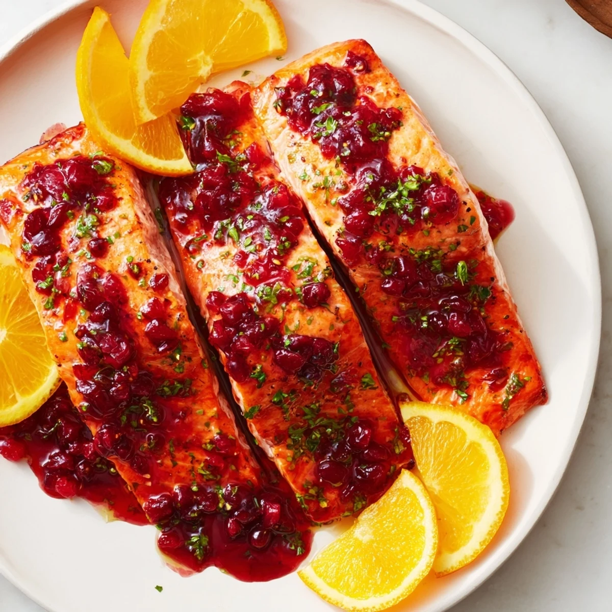 Tender, flaky Cranberry Glazed Salmon Fillets, beautifully garnished with parsley and orange slices on a platter.