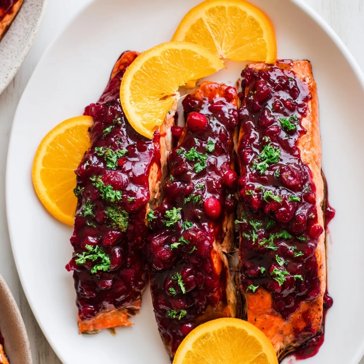 Golden-brown Cranberry Glazed Salmon Fillets, glistening with sweet, vibrant cranberry sauce, ready to serve.