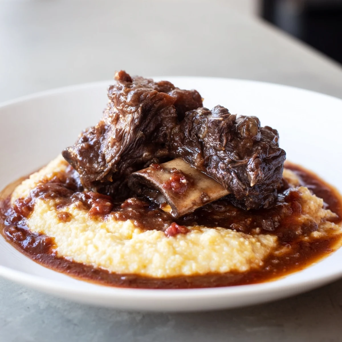 Forkful of slow cooked beef short ribs glistening with savory sauce, served over creamy polenta.