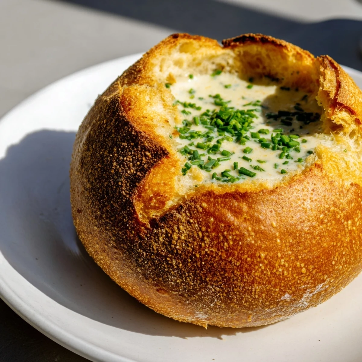 A beautiful Rustic Sourdough Bread Bowl, showing a perfect slice revealing a chewy, airy interior.