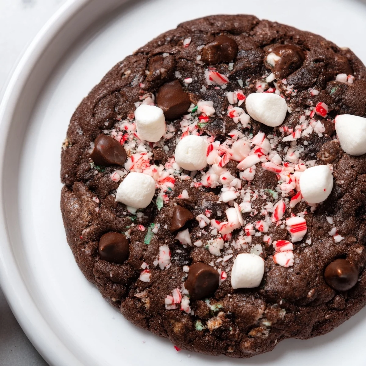 Warm, gooey Peppermint Hot Chocolate Cookies with melted marshmallows and crushed peppermint sprinkled on top.